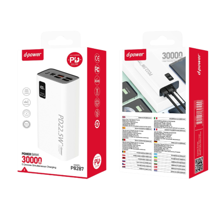 Buy D-power Power Bank 30000mAh P8287 22.5W White | Fast Charging & High Capacity