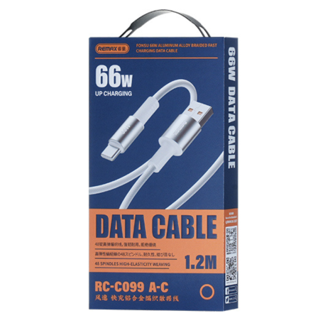 Câble USB-C Alliage Aluminium Tressé REMAX Fonsu RC-C099 - Charge Rapide 66W - 1.2M Blanc