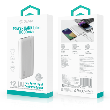 Power Bank 10000 mAh Devia Kintone V3 Blanc - Charge Rapide et Fiable pour Vos Appareils