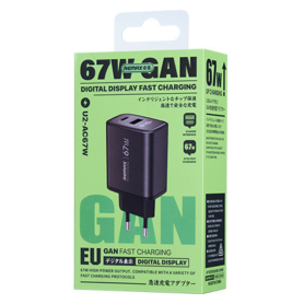 Chargeur Rapide GaN 67W avec Affichage Numérique - USB + Type-C REMAX U2-AC67W Argent - Performance Électrique Optimale