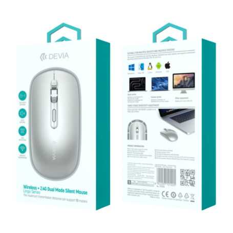 Souris Silencieuse Double Mode Sans Fil Devia Lingo - Gris Lune Clair | Confort Ergonomique et Performance
