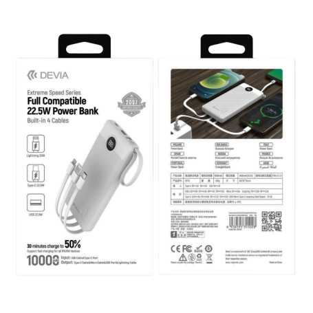 Power Bank 4 Câbles 10000mAh 22.5W - DEVIA EP113 Blanc | Recharge Rapide & Polyvalente