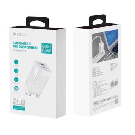 Adaptateur Secteur USB + USB-C DEVIA GaN 65W - Charge Rapide PD+QC4.0 pour Appareils électroniques