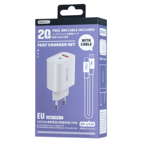 Kit Chargeur 20W USB Type-C avec Câble Lightning REMAX Kiddy Series RP-U120 Blanc - Optimisez vos Recharges