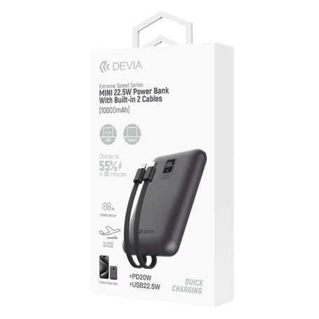 Power Bank 10000mAh 225W avec 2 Câbles Intégrés - Série Extreme Speed MINI Gris - Recharge Rapide et Compacte