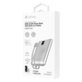 Power Bank 22,5W avec 2 Câbles Intégrés - Extreme Speed MINI 10000mAh Argent - Charge Rapide et Compacte