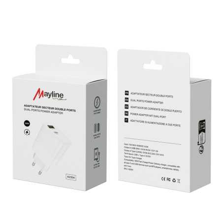 Adaptateur Secteur Double Ports 20W USB QC 3.0 & Type-C PD – Chargeur Rapide Mayline