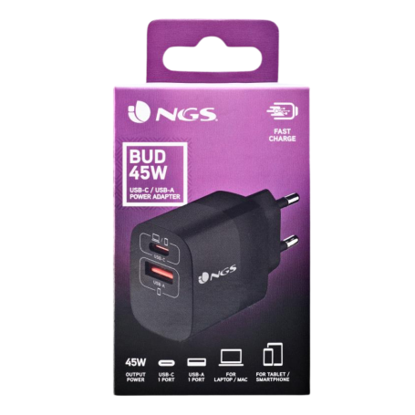 NGS Bud 45W GaN Ultra-Fast Charger - Dual Port USB-C & USB-A Black