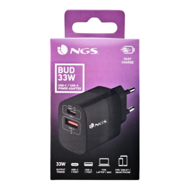 Chargeur Mural Ultra-Rapide NGS Bud 33W GaN Noir avec Ports USB-C et USB-A - Puissance et Efficacité